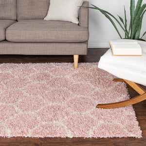 Light Pink 9' x 12' Trellis Shag Rectangle Area Rug Thick Soft Touch Fluffy & Plush Shaggy Pile