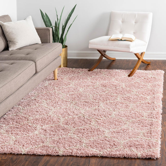 Light Pink 9' x 12' Trellis Shag Rectangle Area Rug Thick Soft Touch Fluffy & Plush Shaggy Pile