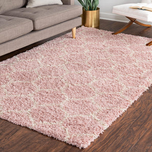 Light Pink 9' x 12' Trellis Shag Rectangle Area Rug Thick Soft Touch Fluffy & Plush Shaggy Pile