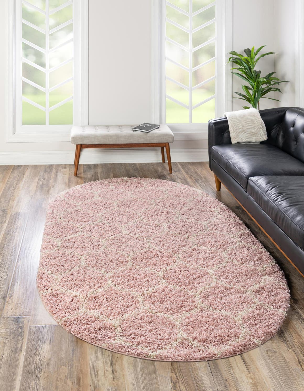 Light Pink 7' 10 x 10' Trellis Shag Oval Area Rug Thick Soft Touch Fluffy & Plush Shaggy Pile Geometric Modern Unique Carpet for Home Interior Design for Sale at Rug Engine