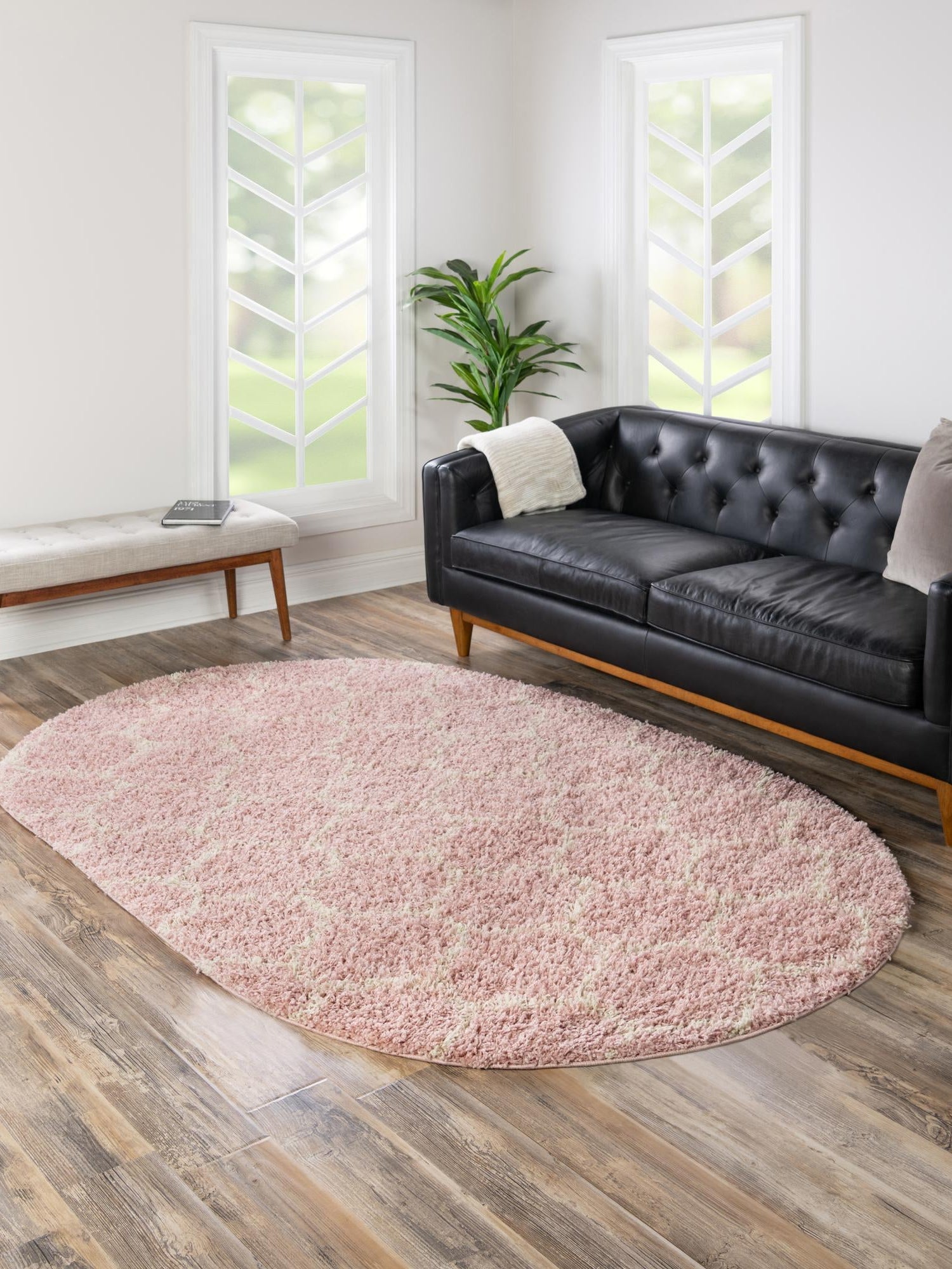 Light Pink 5' 3 x 8' Trellis Shag Oval Area Rug Thick Soft Touch Fluffy & Plush Shaggy Pile Geometric Modern Unique Carpet for Home Interior Design for Sale at Rug Engine