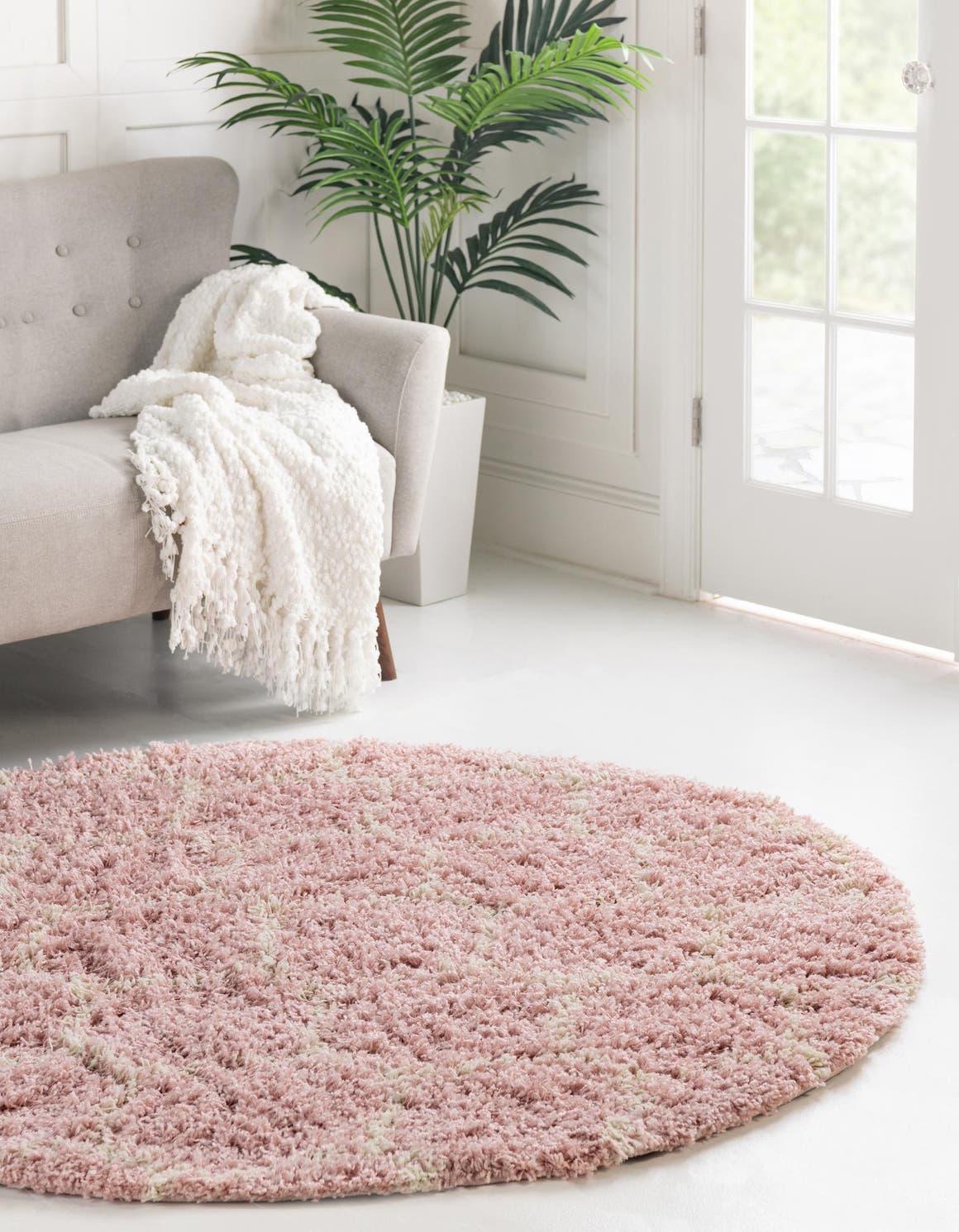 Light Pink 3' 3 x 3' 3 Trellis Shag Round Area Rug Thick Soft Touch Fluffy & Plush Shaggy Pile Geometric Modern Unique Carpet for Home Interior Design for Sale at Rug Engine