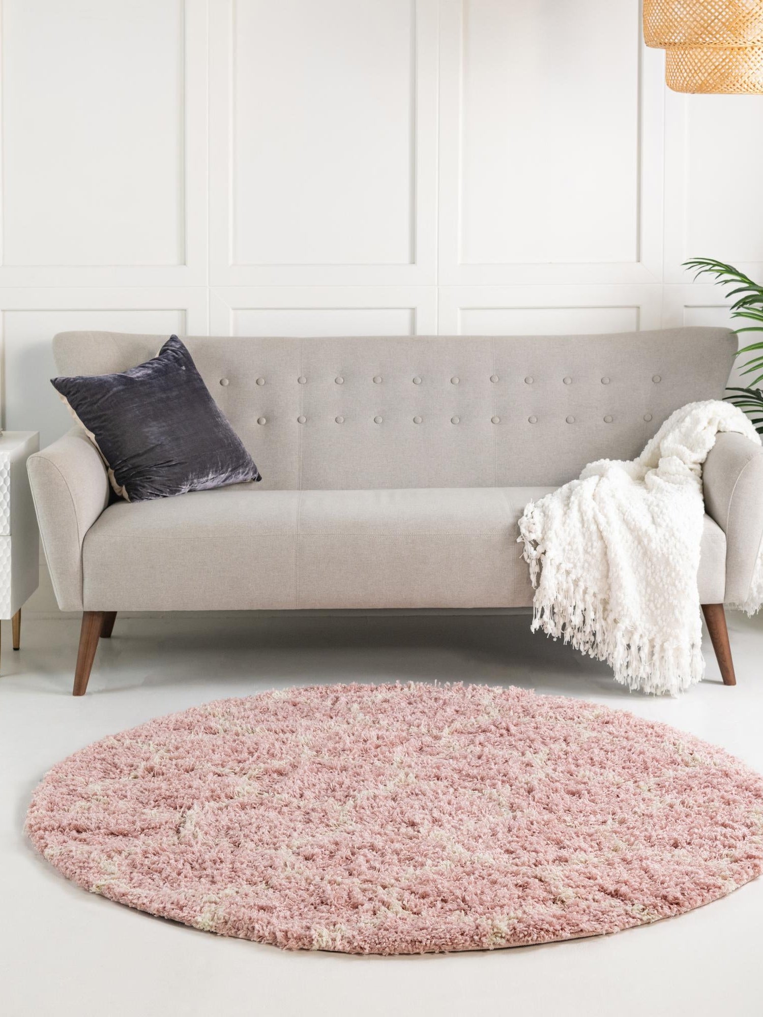 Light Pink 5' 3 x 5' 3 Trellis Shag Round Area Rug Thick Soft Touch Fluffy & Plush Shaggy Pile Geometric Modern Unique Carpet for Home Interior Design for Sale at Rug Engine