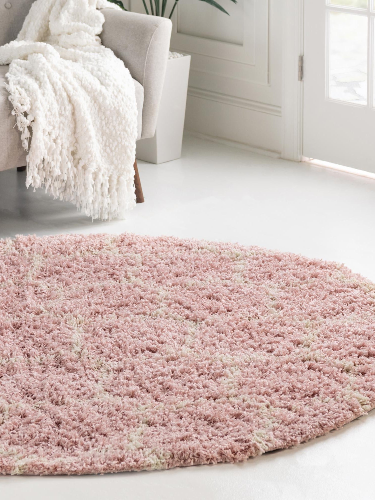 Light Pink 6' x 6' Trellis Shag Round Area Rug Thick Soft Touch Fluffy & Plush Shaggy Pile Geometric Modern Unique Carpet for Home Interior Design for Sale at Rug Engine