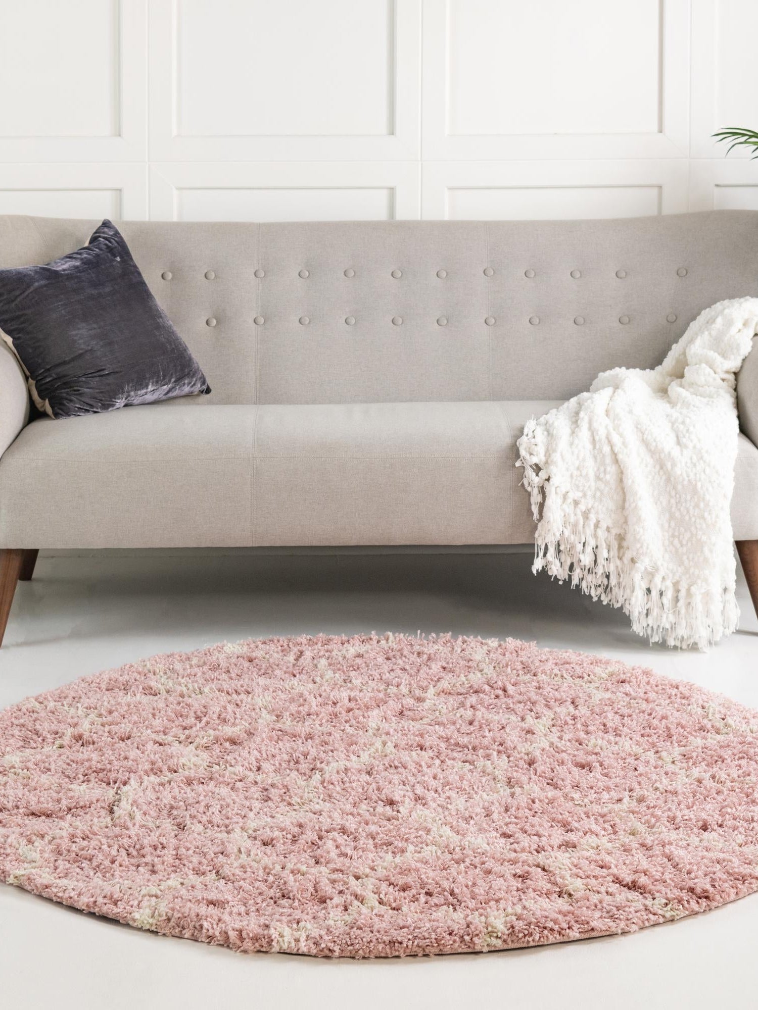 Light Pink 5' 3 x 5' 3 Trellis Shag Round Area Rug Thick Soft Touch Fluffy & Plush Shaggy Pile Geometric Modern Unique Carpet for Home Interior Design for Sale at Rug Engine