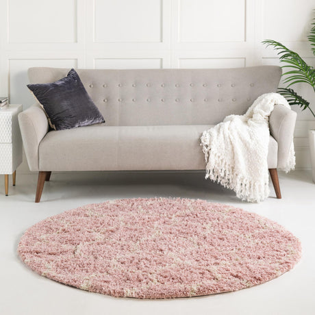 Light Pink 5' 3 x 5' 3 Trellis Shag Round Area Rug Thick Soft Touch Fluffy & Plush Shaggy Pile Geometric Modern Unique Carpet for Home Interior Design for Sale at Rug Engine