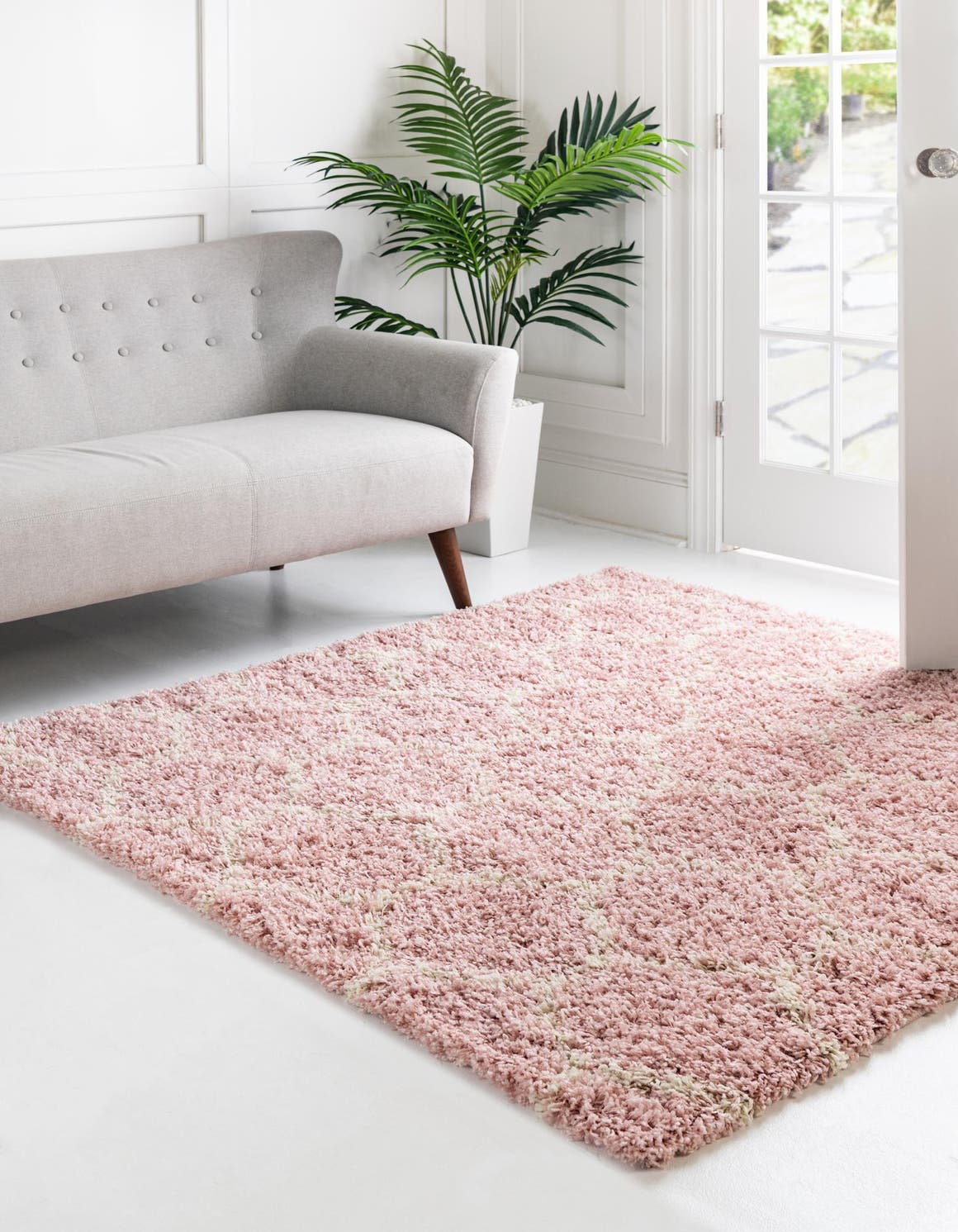 Light Pink 6' 1 x 6' 1 Trellis Shag Square Area Rug Thick Soft Touch Fluffy & Plush Shaggy Pile Geometric Modern Unique Carpet for Home Interior Design for Sale at Rug Engine