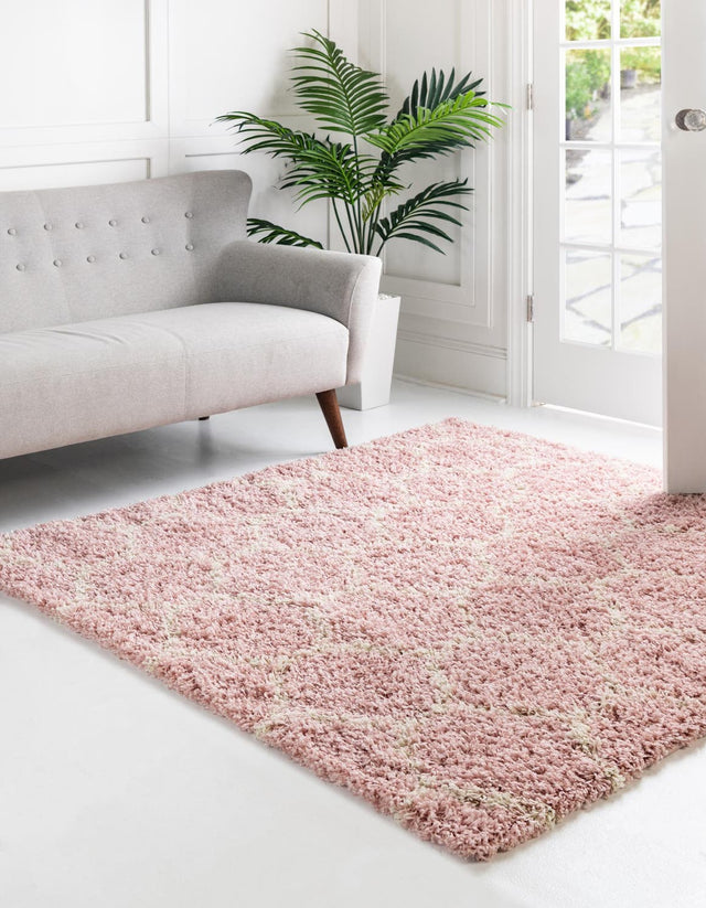 Light Pink 6' 1 x 6' 1 Trellis Shag Square Area Rug Thick Soft Touch Fluffy & Plush Shaggy Pile