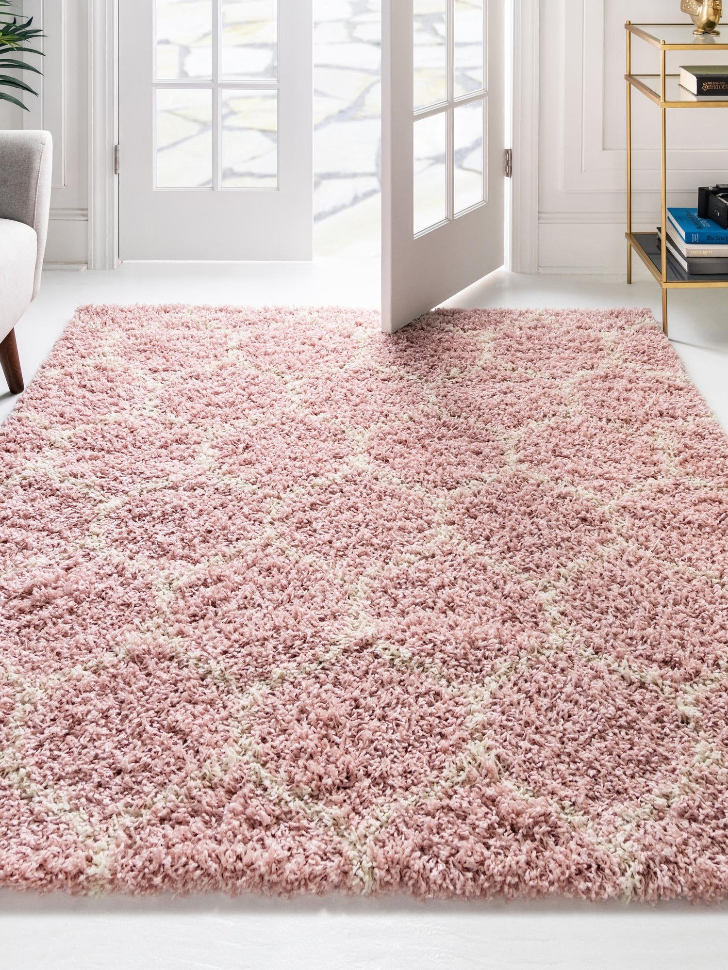 Light Pink 4' x 4' Trellis Shag Square Area Rug Thick Soft Touch Fluffy & Plush Shaggy Pile Geometric Modern Unique Carpet for Home Interior Design for Sale at Rug Engine