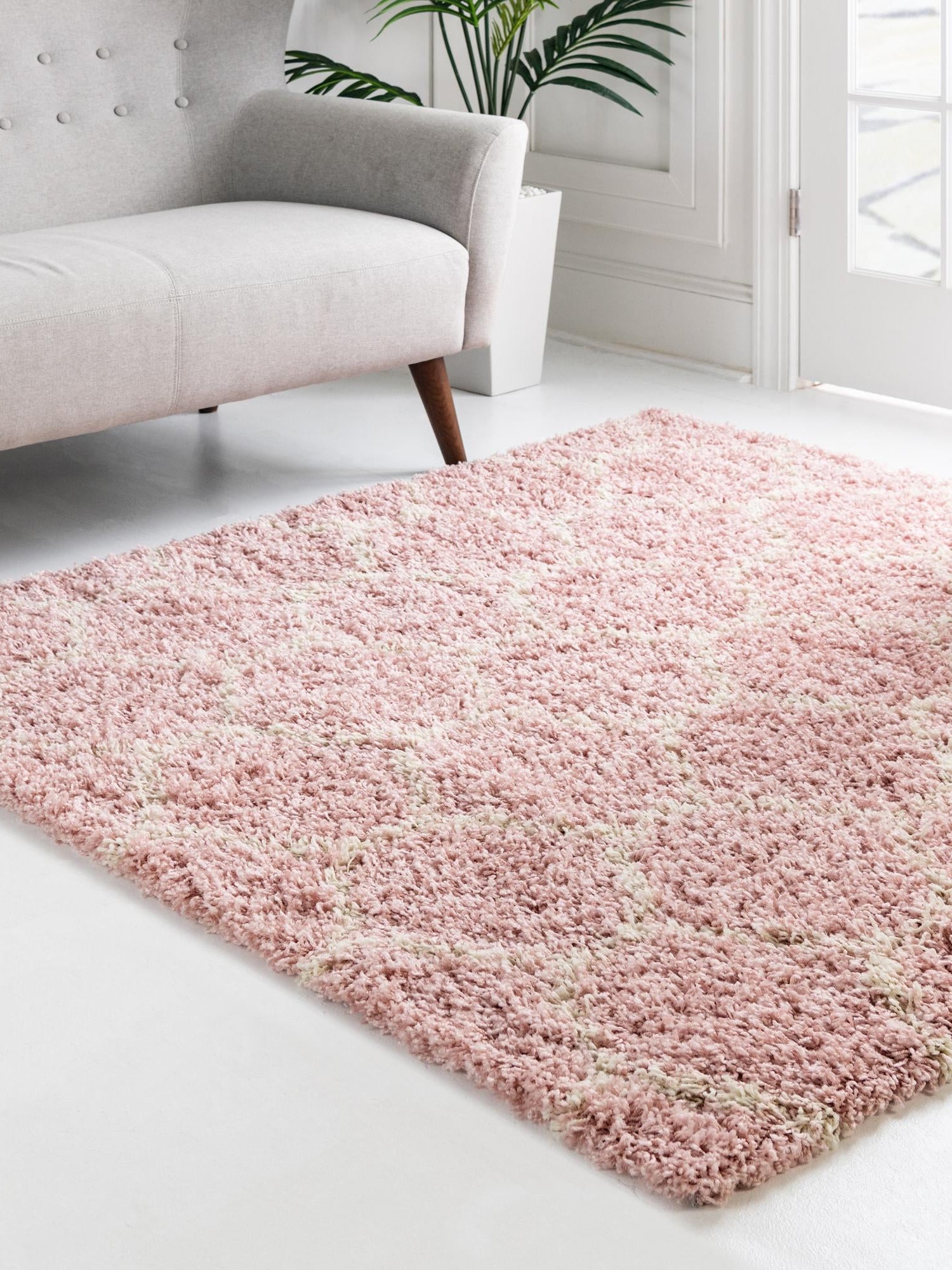 Light Pink 7' 10 x 7' 10 Trellis Shag Square Area Rug Thick Soft Touch Fluffy & Plush Shaggy Pile Geometric Modern Unique Carpet for Home Interior Design for Sale at Rug Engine