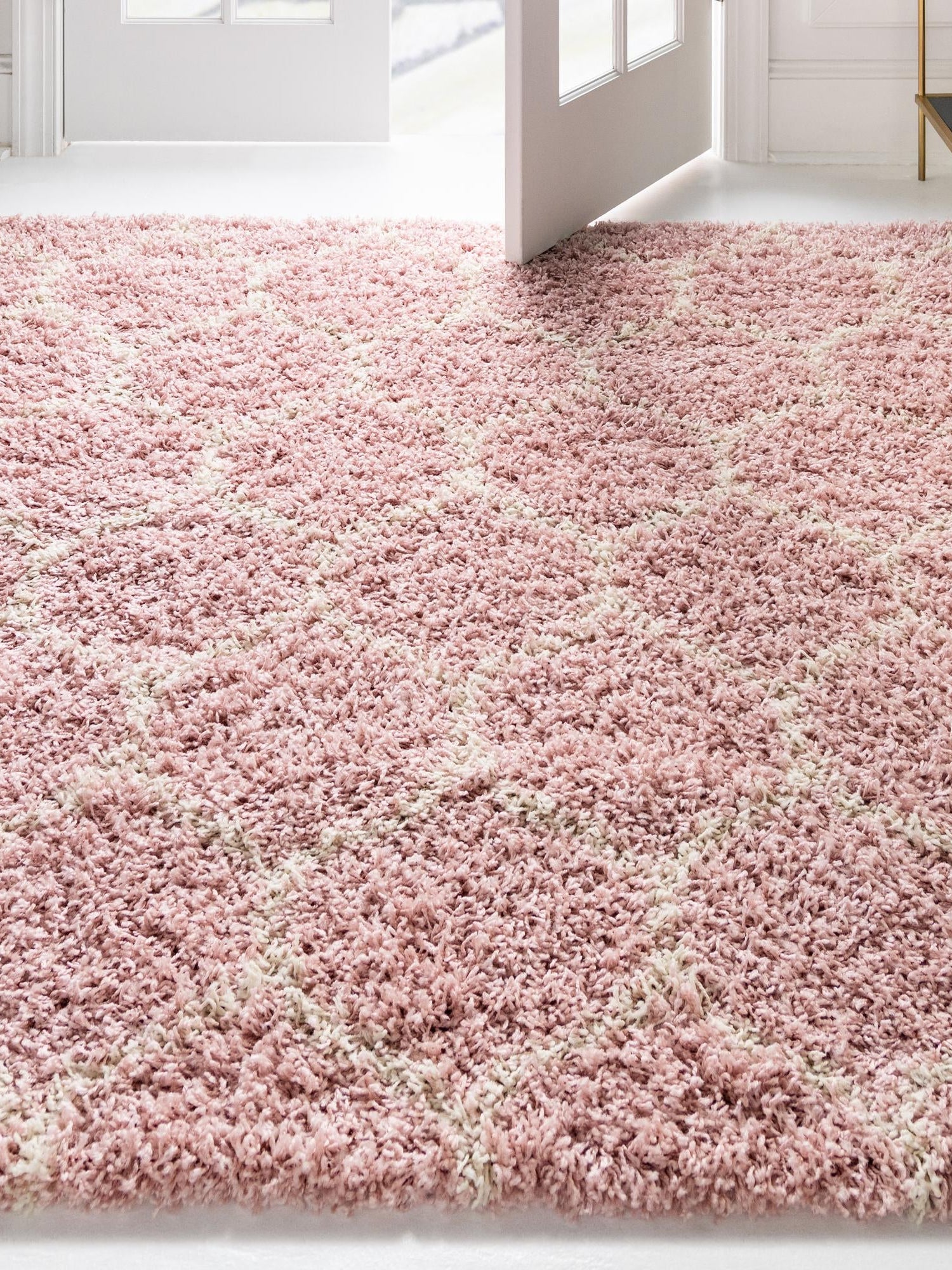 Light Pink 10' x 10' Trellis Shag Square Area Rug Thick Soft Touch Fluffy & Plush Shaggy Pile Geometric Modern Unique Carpet for Home Interior Design for Sale at Rug Engine