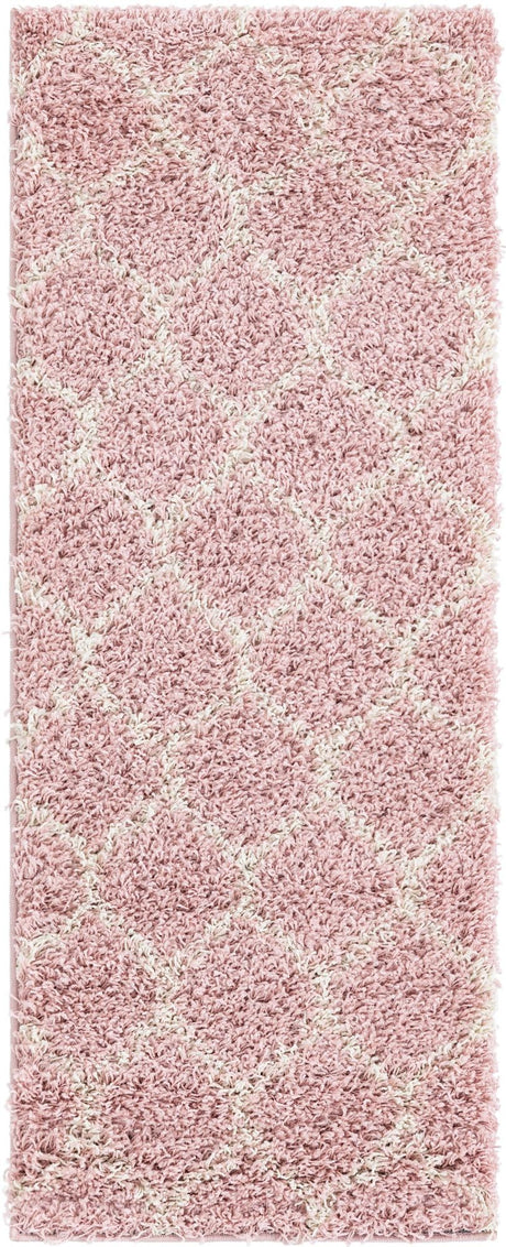 Light Pink 2' x 5' Trellis Shag Runner Area Rug Thick Soft Touch Fluffy & Plush Shaggy Pile Geometric Modern Unique Carpet for Home Interior Design for Sale at Rug Engine
