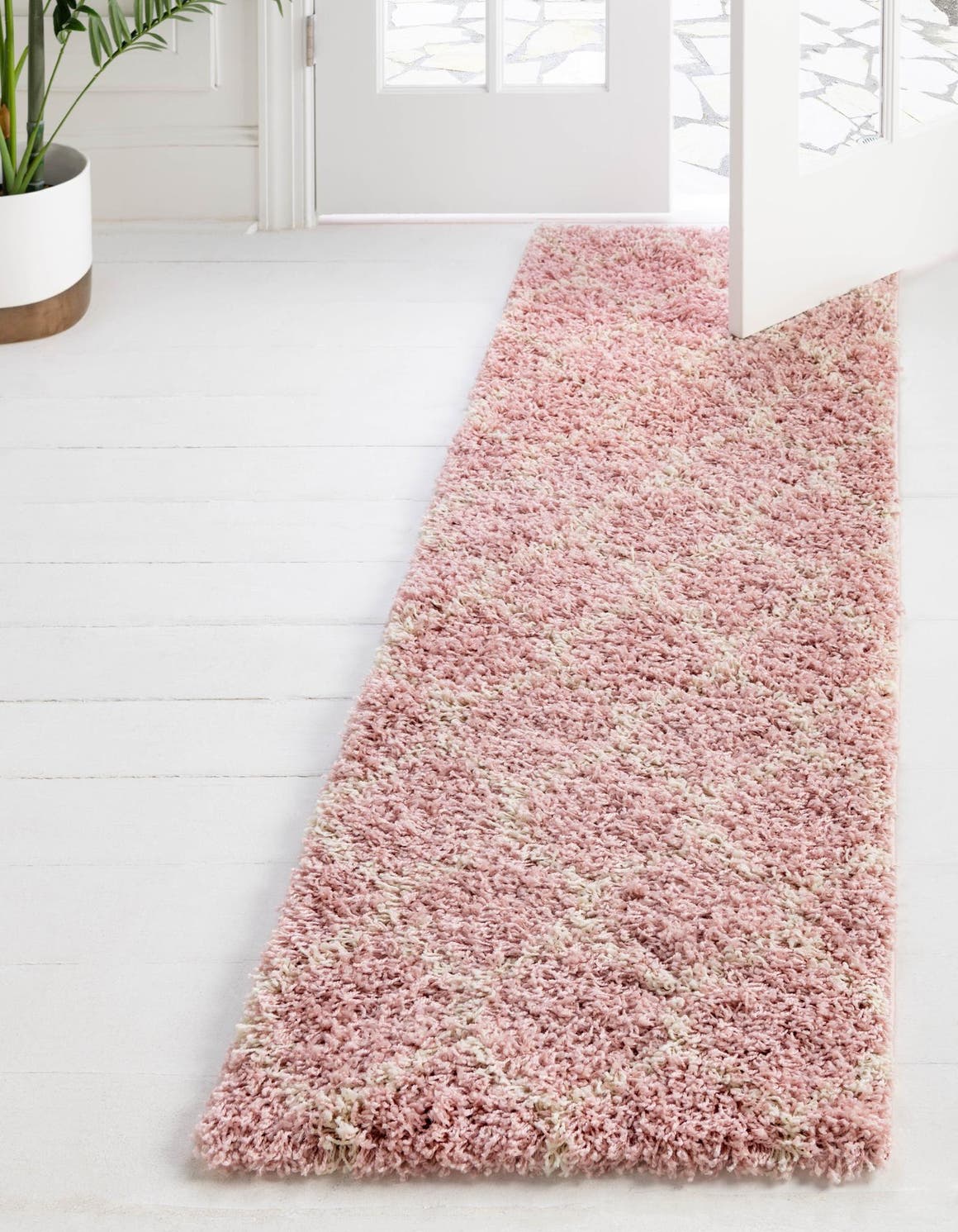 Light Pink 3' 3 x 16' 5 Trellis Shag Runner Area Rug Thick Soft Touch Fluffy & Plush Shaggy Pile Geometric Modern Unique Carpet for Home Interior Design for Sale at Rug Engine