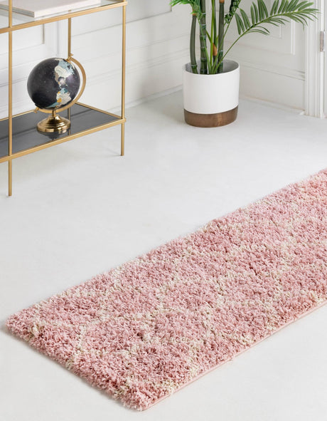 Light Pink 3' 3 x 16' 5 Trellis Shag Runner Area Rug Thick Soft Touch Fluffy & Plush Shaggy Pile