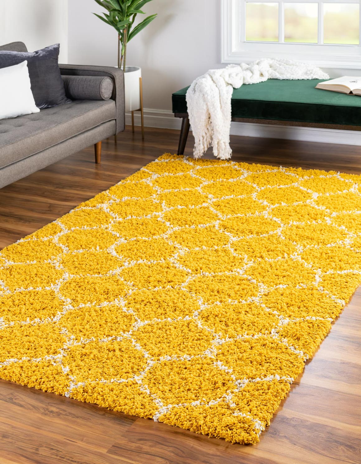 Yellow 5' 3 x 8' Trellis Shag Rectangle Area Rug Thick Soft Touch Fluffy & Plush Shaggy Pile Geometric Modern Unique Carpet for Home Interior Design for Sale at Rug Engine