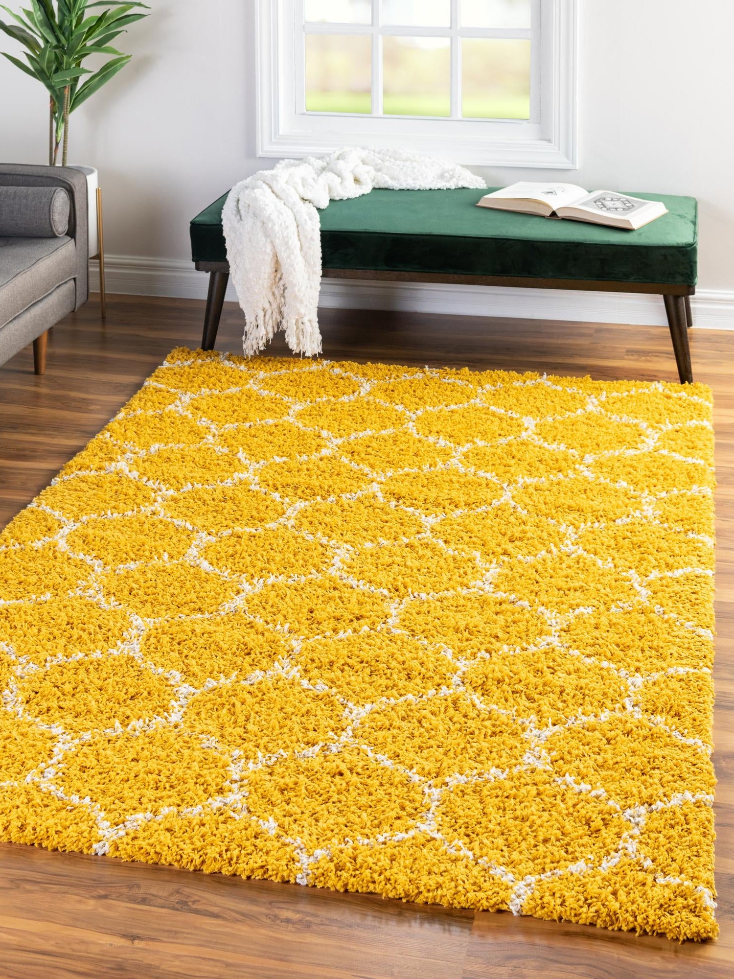 Yellow 4' x 6' Trellis Shag Rectangle Area Rug Thick Soft Touch Fluffy & Plush Shaggy Pile Geometric Modern Unique Carpet for Home Interior Design for Sale at Rug Engine