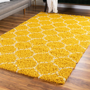 Yellow 9' x 12' Trellis Shag Rectangle Area Rug Thick Soft Touch Fluffy & Plush Shaggy Pile