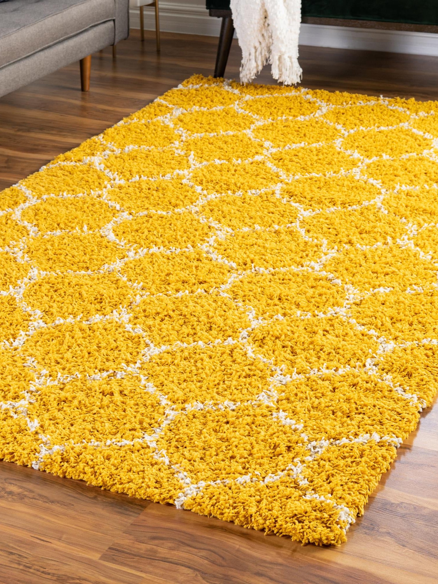 Yellow 10' 8 x 14' Trellis Shag Rectangle Area Rug Thick Soft Touch Fluffy & Plush Shaggy Pile Geometric Modern Unique Carpet for Home Interior Design for Sale at Rug Engine