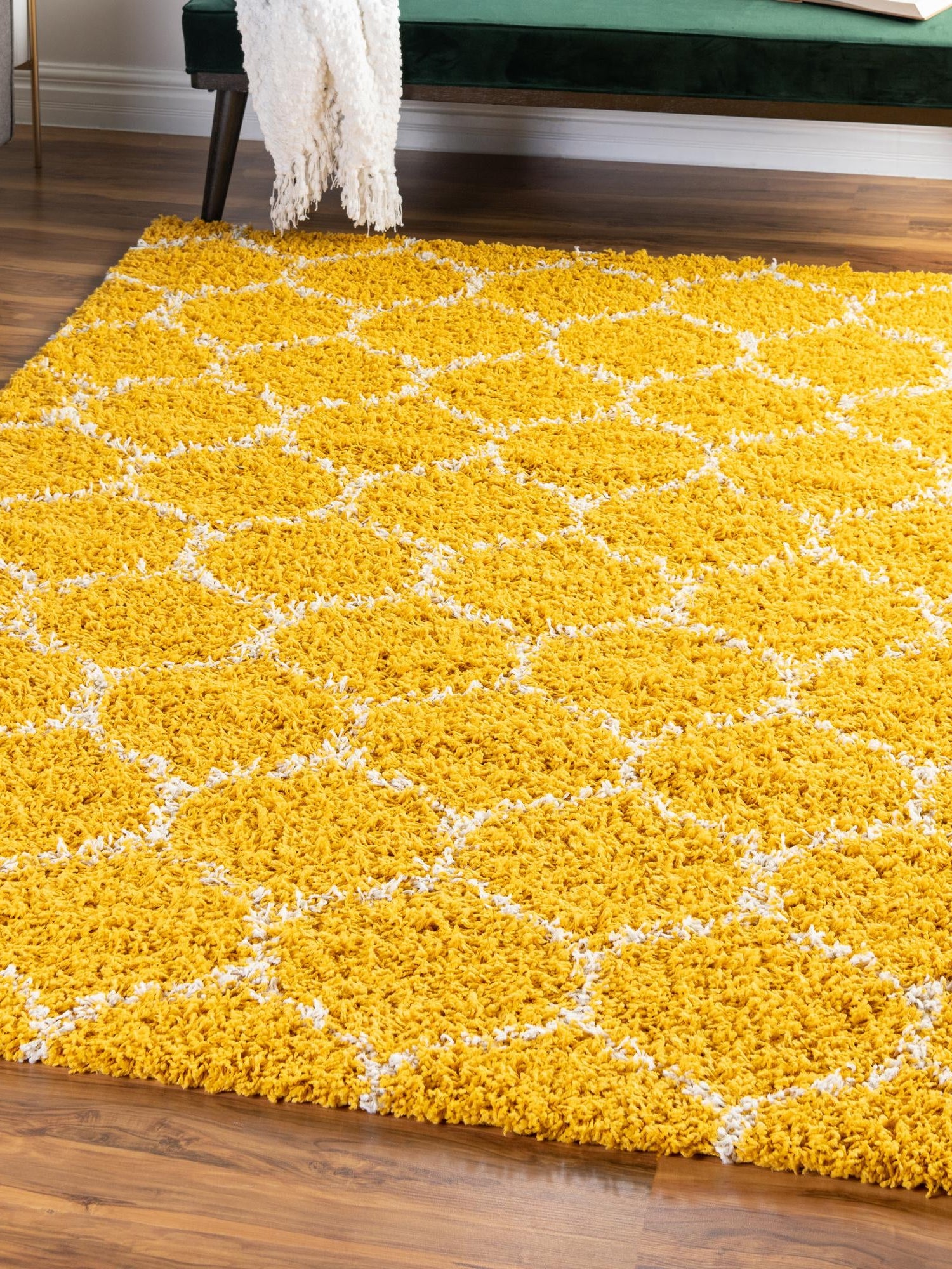Yellow 10' x 13' Trellis Shag Rectangle Area Rug Thick Soft Touch Fluffy & Plush Shaggy Pile Geometric Modern Unique Carpet for Home Interior Design for Sale at Rug Engine