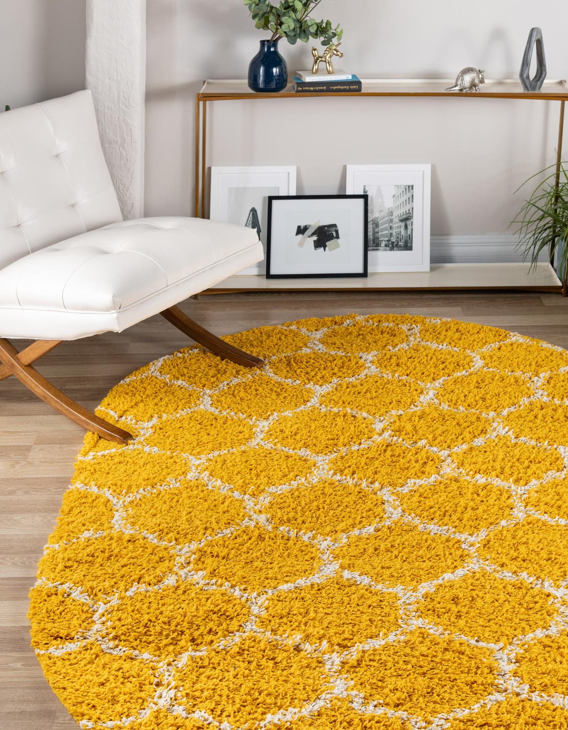 Yellow 4' x 6' Trellis Shag Oval Area Rug Thick Soft Touch Fluffy & Plush Shaggy Pile Geometric Modern Unique Carpet for Home Interior Design for Sale at Rug Engine