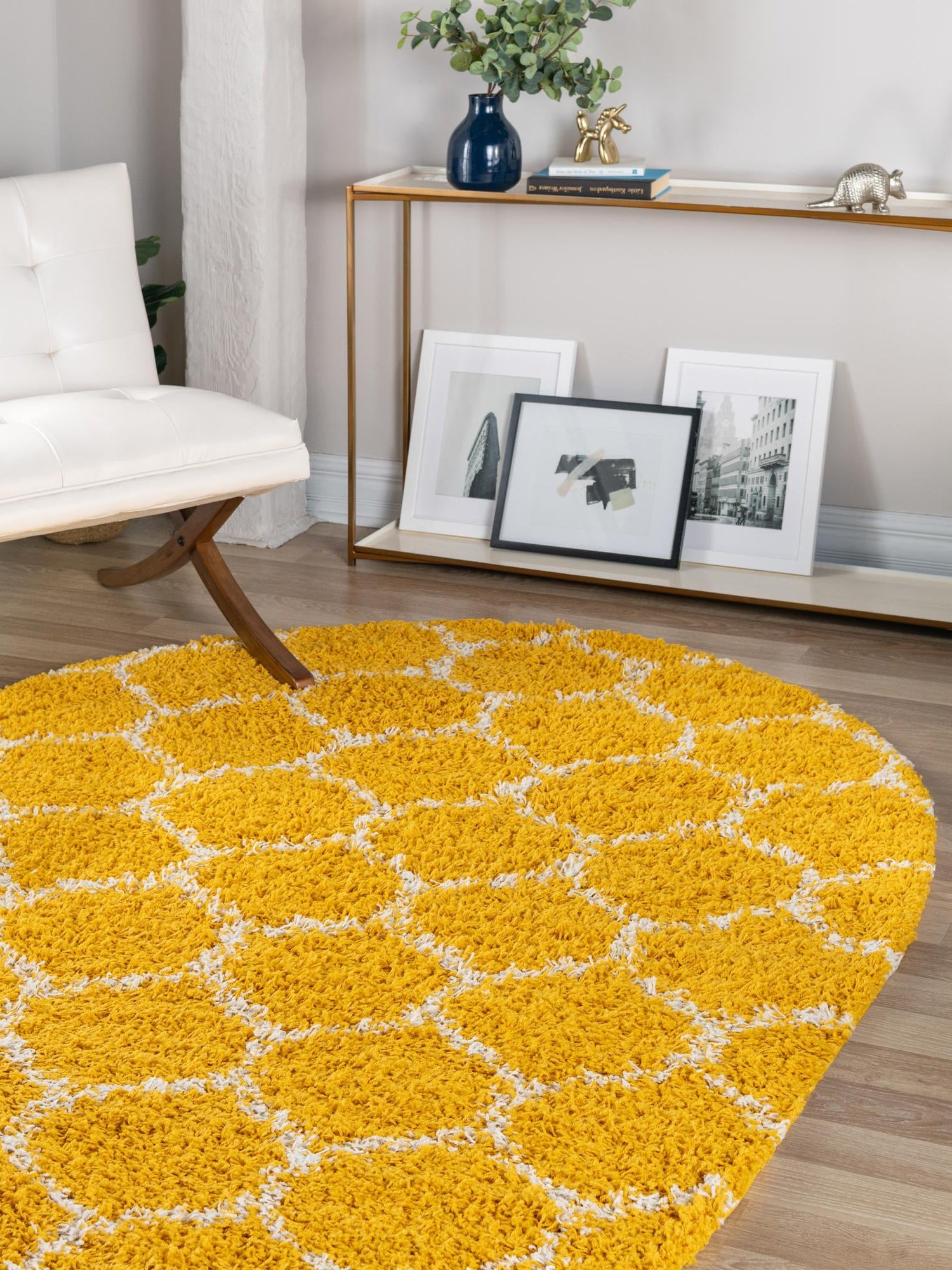Yellow 7' 10 x 10' Trellis Shag Oval Area Rug Thick Soft Touch Fluffy & Plush Shaggy Pile Geometric Modern Unique Carpet for Home Interior Design for Sale at Rug Engine