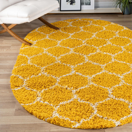 Yellow 5' 3 x 8' Trellis Shag Oval Area Rug Thick Soft Touch Fluffy & Plush Shaggy Pile Geometric Modern Unique Carpet for Home Interior Design for Sale at Rug Engine