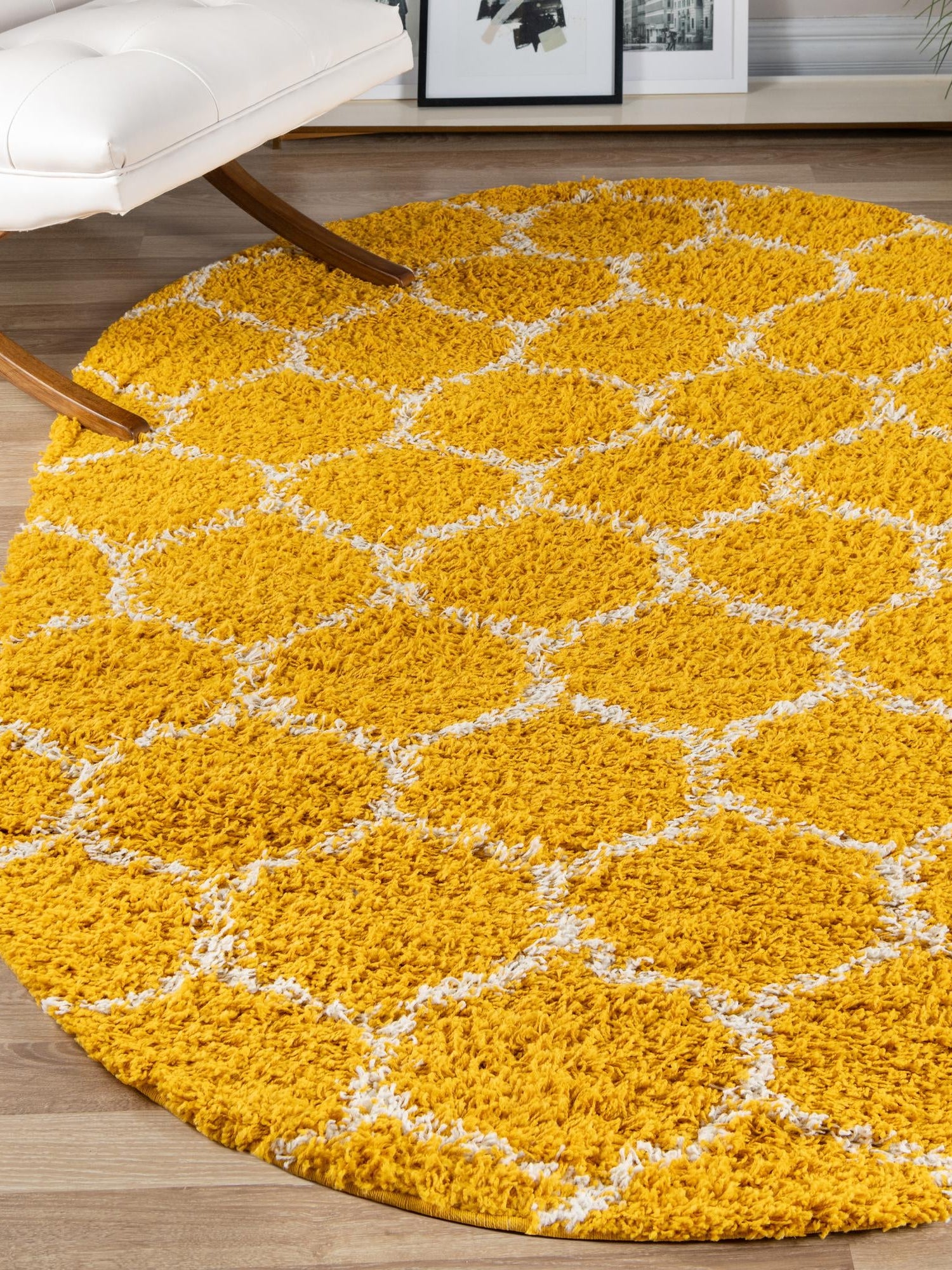 Yellow 4' x 6' Trellis Shag Oval Area Rug Thick Soft Touch Fluffy & Plush Shaggy Pile Geometric Modern Unique Carpet for Home Interior Design for Sale at Rug Engine