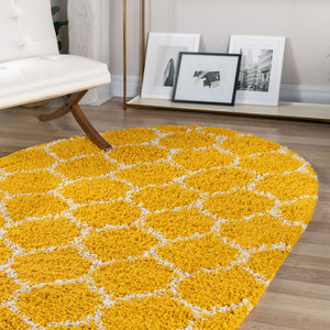 Yellow 5' 3 x 8' Trellis Shag Oval Area Rug Thick Soft Touch Fluffy & Plush Shaggy Pile
