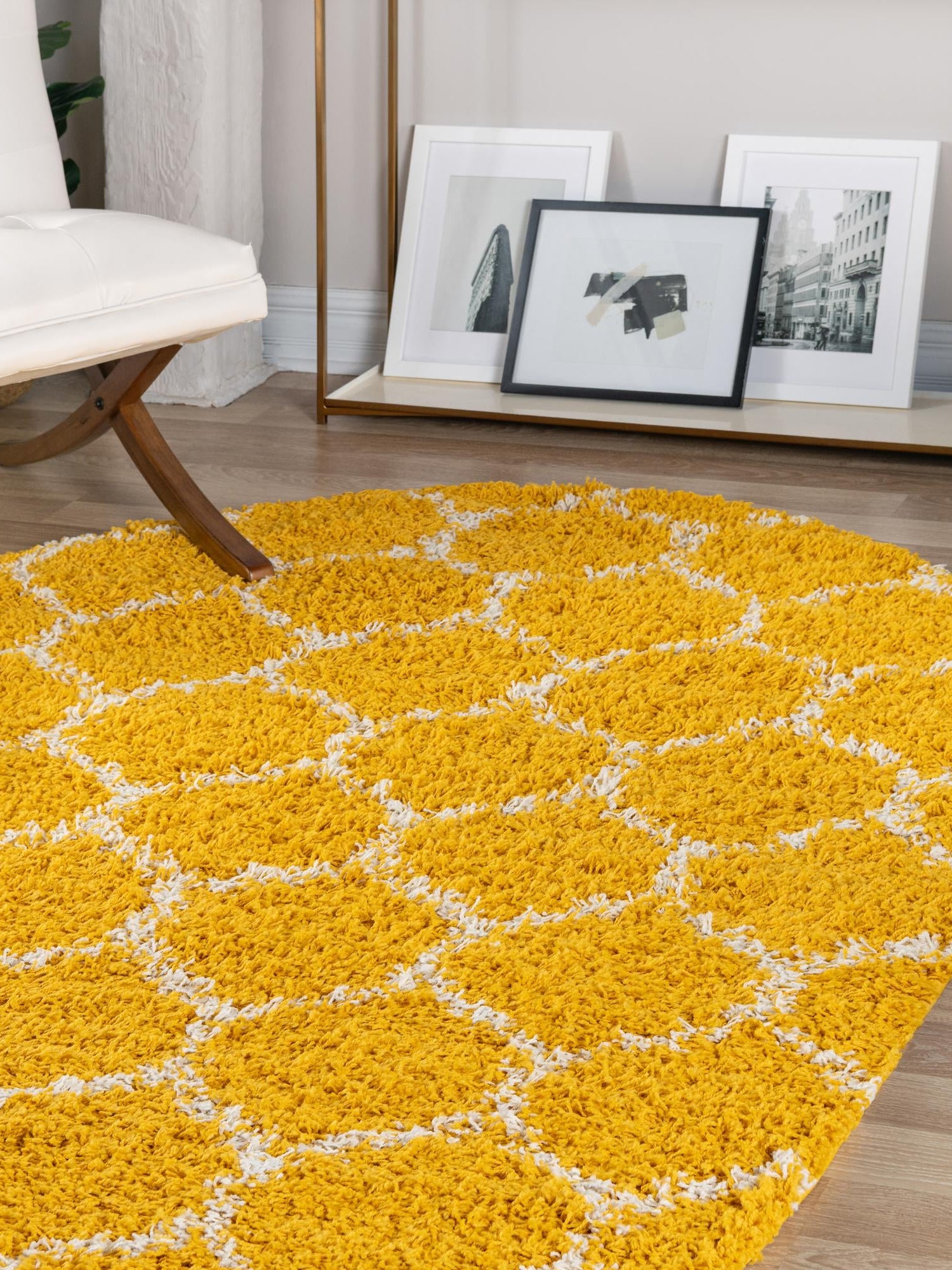 Yellow 4' x 6' Trellis Shag Oval Area Rug Thick Soft Touch Fluffy & Plush Shaggy Pile Geometric Modern Unique Carpet for Home Interior Design for Sale at Rug Engine