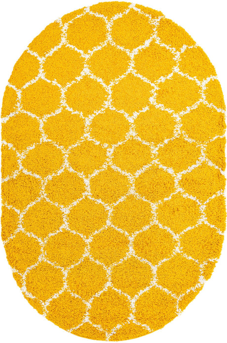 Yellow 5' 3 x 8' Trellis Shag Oval Area Rug Thick Soft Touch Fluffy & Plush Shaggy Pile Geometric Modern Unique Carpet for Home Interior Design for Sale at Rug Engine