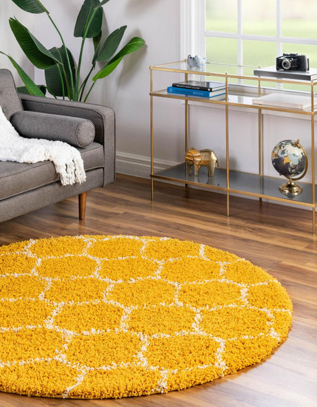 Yellow 6' x 6' Trellis Shag Round Area Rug Thick Soft Touch Fluffy & Plush Shaggy Pile