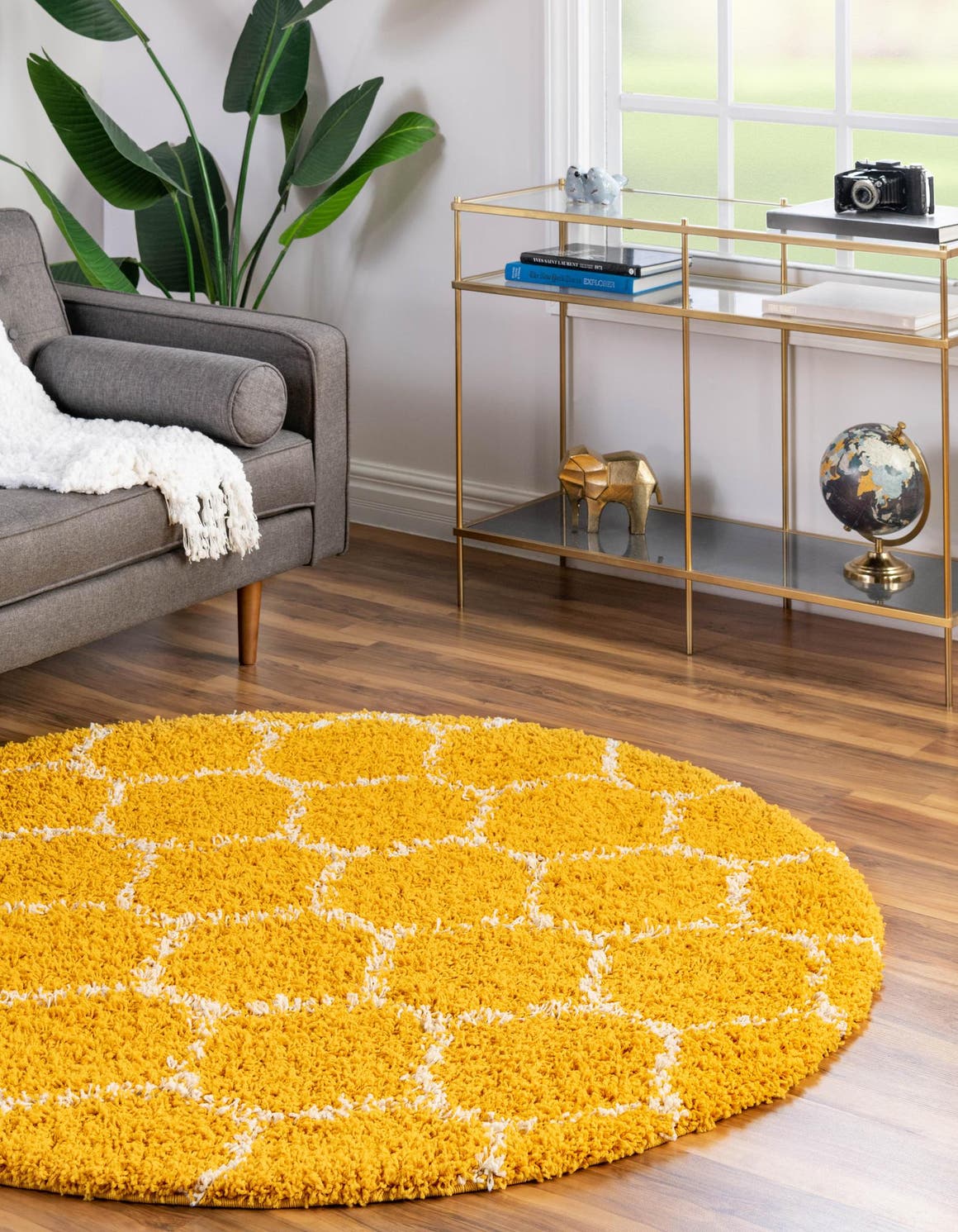 Yellow 5' 3 x 5' 3 Trellis Shag Round Area Rug Thick Soft Touch Fluffy & Plush Shaggy Pile Geometric Modern Unique Carpet for Home Interior Design for Sale at Rug Engine