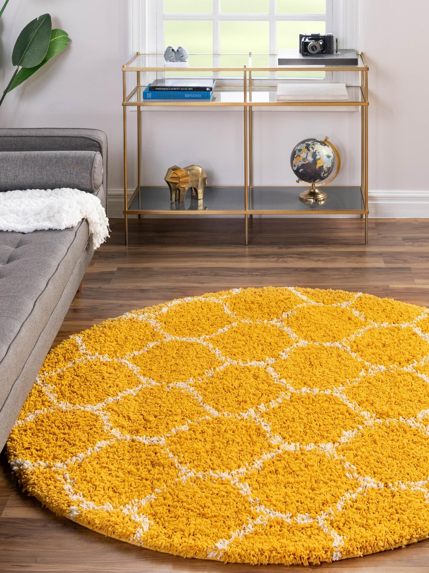 Yellow 6' x 6' Trellis Shag Round Area Rug Thick Soft Touch Fluffy & Plush Shaggy Pile Geometric Modern Unique Carpet for Home Interior Design for Sale at Rug Engine