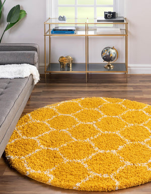 Yellow 6' x 6' Trellis Shag Round Area Rug Thick Soft Touch Fluffy & Plush Shaggy Pile