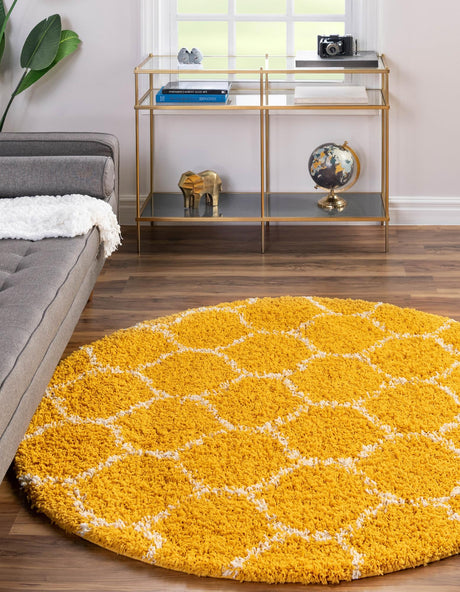 Yellow 6' x 6' Trellis Shag Round Area Rug Thick Soft Touch Fluffy & Plush Shaggy Pile