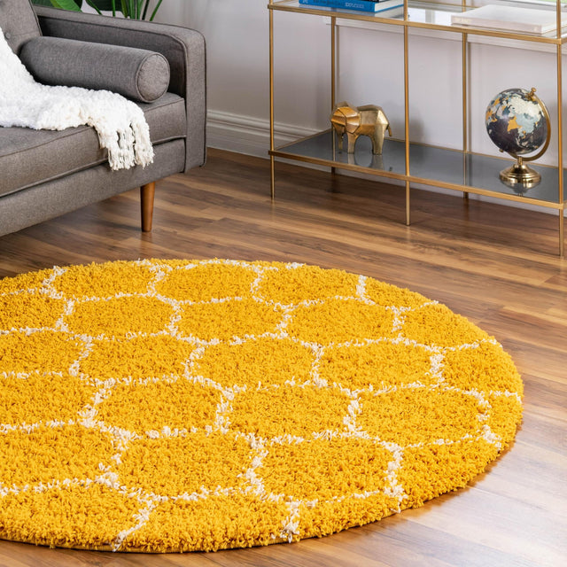 Yellow 10' x 10' Trellis Shag Round Area Rug Thick Soft Touch Fluffy & Plush Shaggy Pile