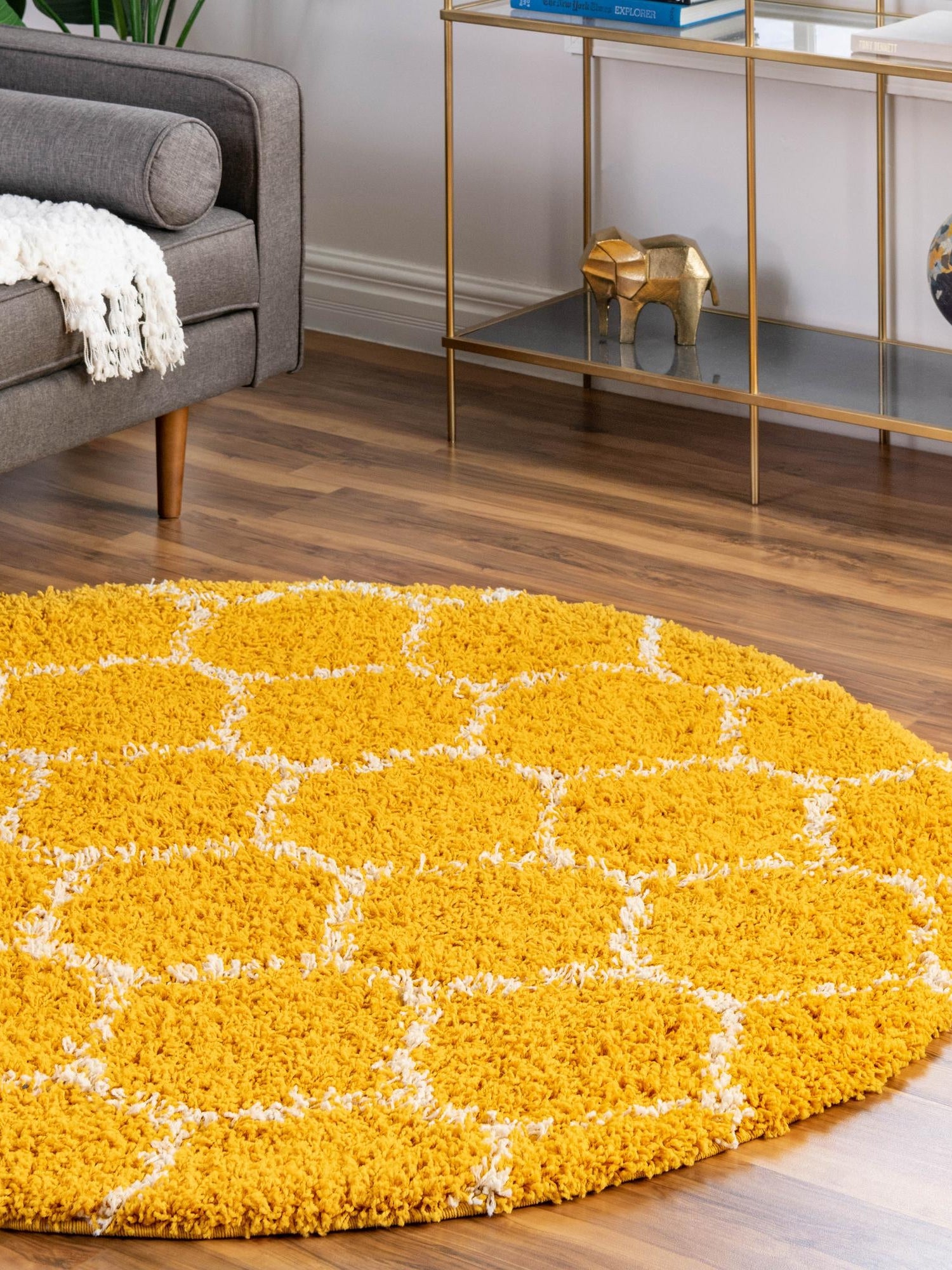 Yellow 5' 3 x 5' 3 Trellis Shag Round Area Rug Thick Soft Touch Fluffy & Plush Shaggy Pile Geometric Modern Unique Carpet for Home Interior Design for Sale at Rug Engine