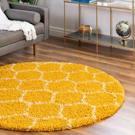 Yellow 5' 3 x 5' 3 Trellis Shag Round Area Rug Thick Soft Touch Fluffy & Plush Shaggy Pile Geometric Modern Unique Carpet for Home Interior Design for Sale at Rug Engine