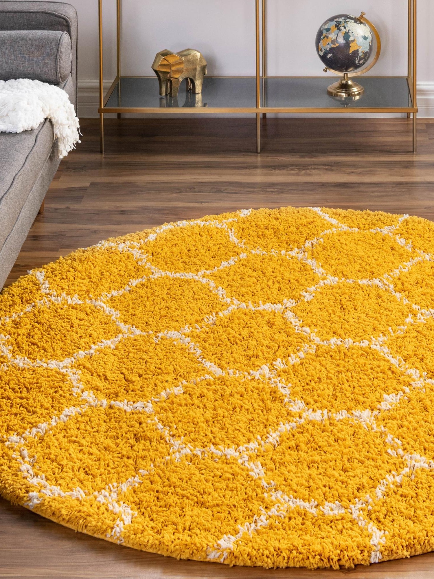 Yellow 3' 3 x 3' 3 Trellis Shag Round Area Rug Thick Soft Touch Fluffy & Plush Shaggy Pile Geometric Modern Unique Carpet for Home Interior Design for Sale at Rug Engine