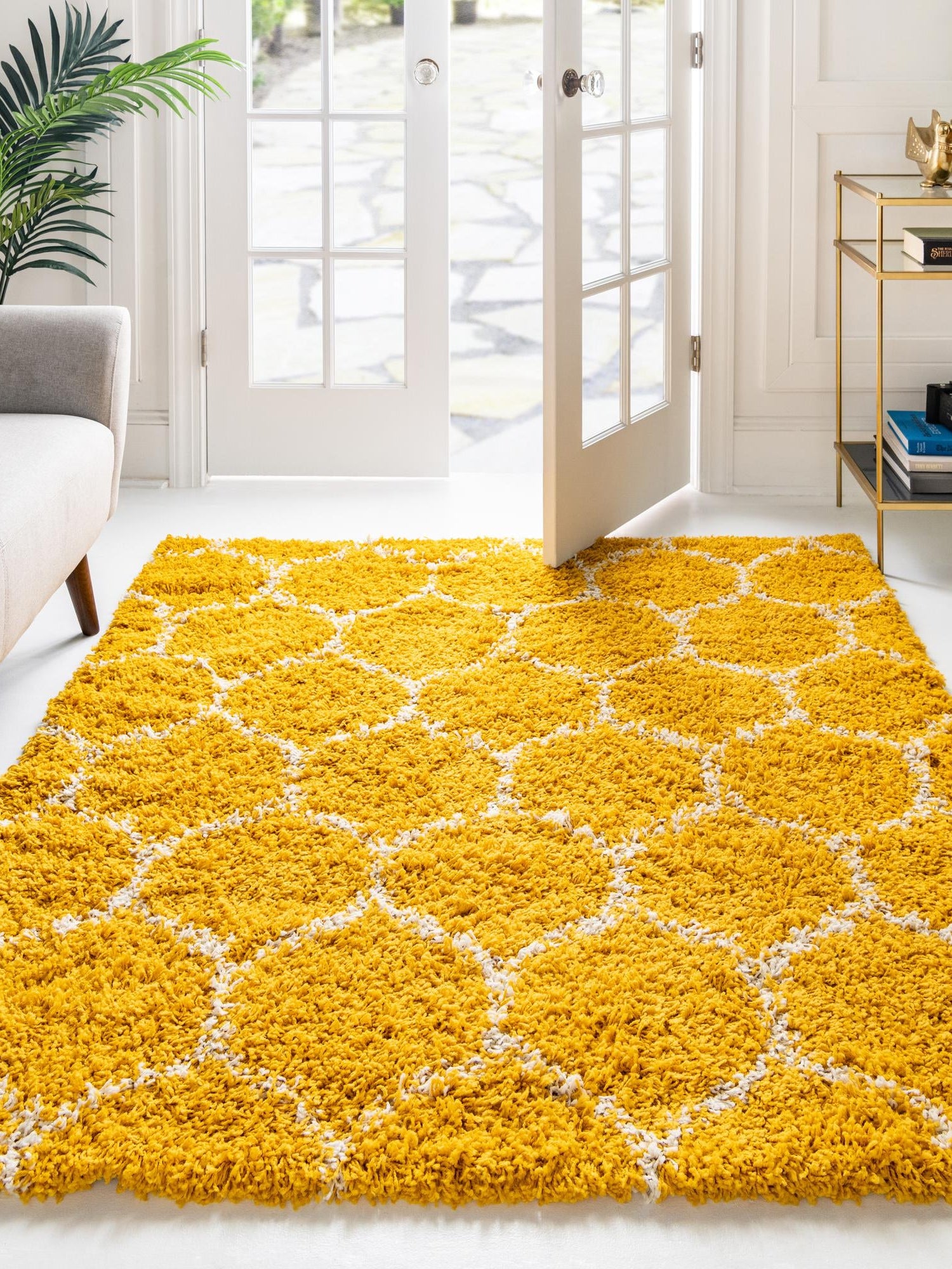 Yellow 6' x 6' Trellis Shag Square Area Rug Thick Soft Touch Fluffy & Plush Shaggy Pile Geometric Modern Unique Carpet for Home Interior Design for Sale at Rug Engine