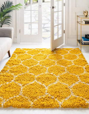 Yellow 6' x 6' Trellis Shag Square Area Rug Thick Soft Touch Fluffy & Plush Shaggy Pile