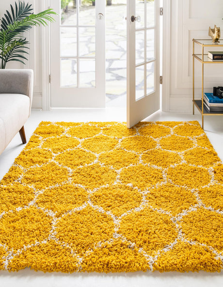 Yellow 6' x 6' Trellis Shag Square Area Rug Thick Soft Touch Fluffy & Plush Shaggy Pile
