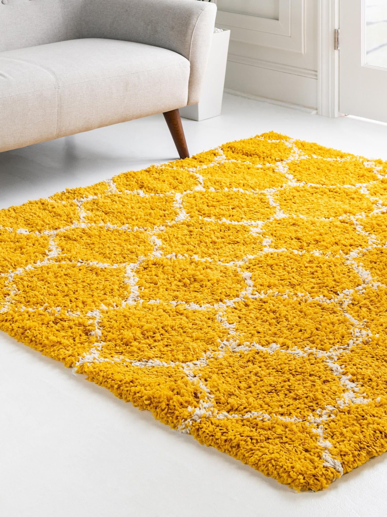 Yellow 7' 10 x 7' 10 Trellis Shag Square Area Rug Thick Soft Touch Fluffy & Plush Shaggy Pile Geometric Modern Unique Carpet for Home Interior Design for Sale at Rug Engine
