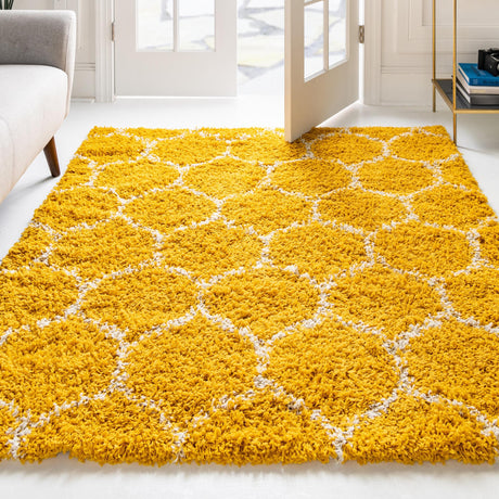 Yellow 5' 3 x 5' 3 Trellis Shag Square Area Rug Thick Soft Touch Fluffy & Plush Shaggy Pile Geometric Modern Unique Carpet for Home Interior Design for Sale at Rug Engine