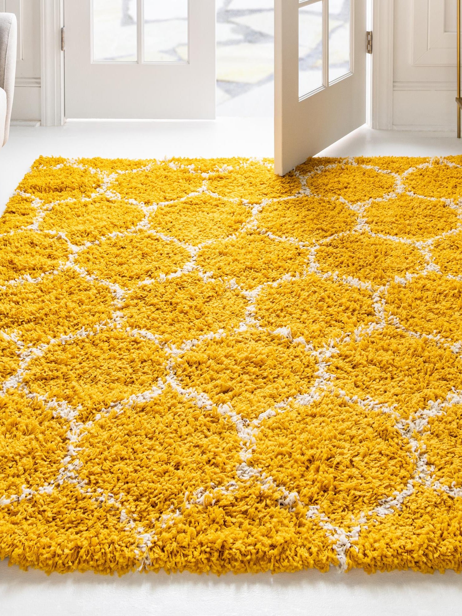 Yellow 4' x 4' Trellis Shag Square Area Rug Thick Soft Touch Fluffy & Plush Shaggy Pile Geometric Modern Unique Carpet for Home Interior Design for Sale at Rug Engine