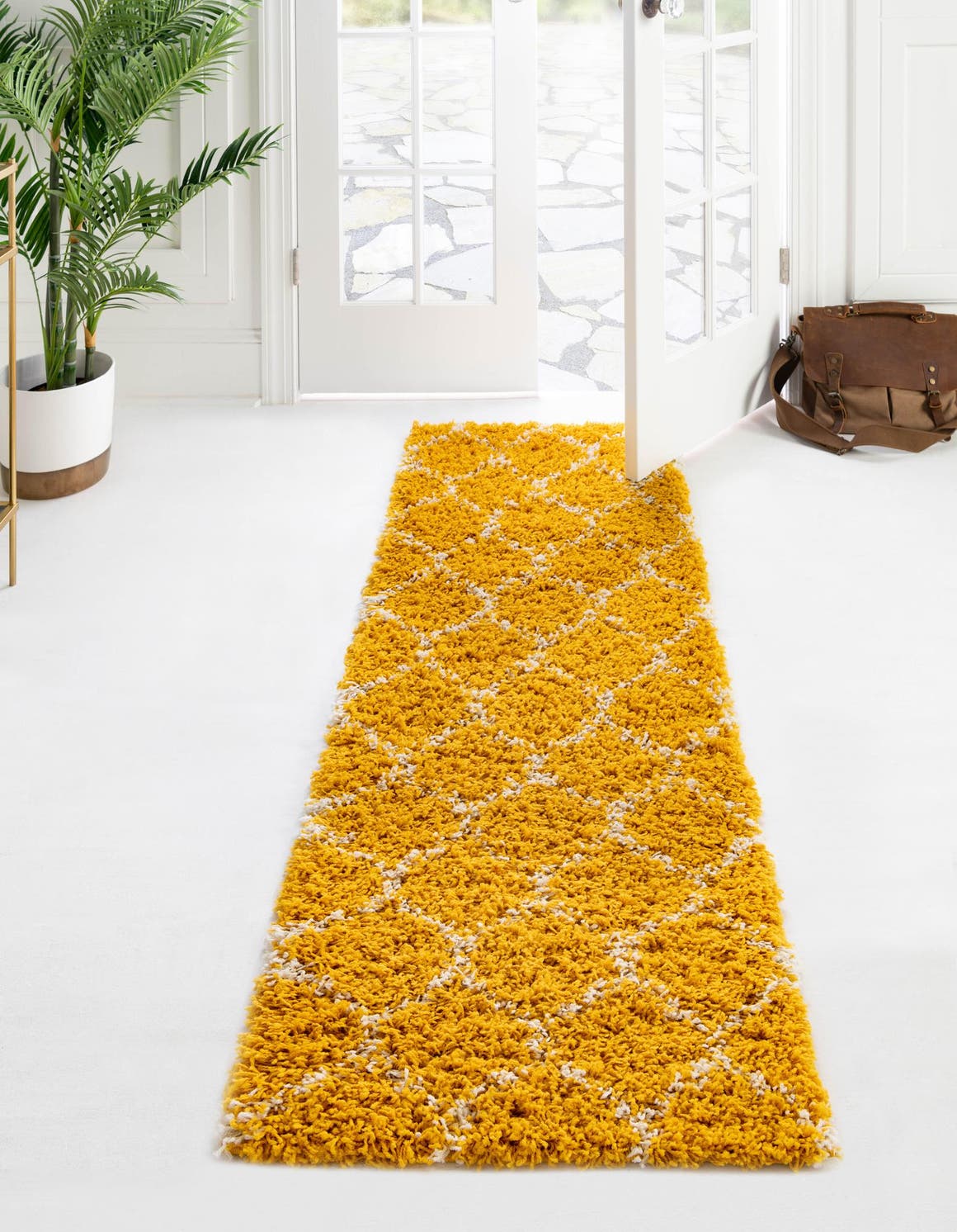 Yellow 2' x 7' Trellis Shag Runner Area Rug Thick Soft Touch Fluffy & Plush Shaggy Pile Geometric Modern Unique Carpet for Home Interior Design for Sale at Rug Engine