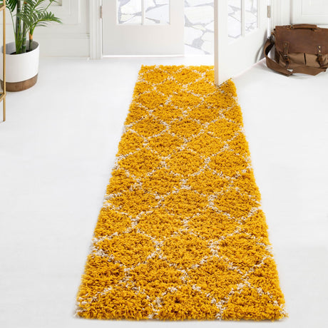 Yellow 2' 7 x 12' Trellis Shag Runner Area Rug Thick Soft Touch Fluffy & Plush Shaggy Pile Geometric Modern Unique Carpet for Home Interior Design for Sale at Rug Engine