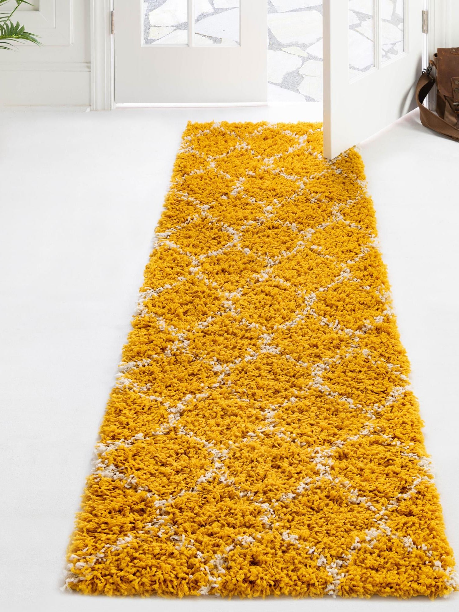 Yellow 3' 3 x 16' 5 Trellis Shag Runner Area Rug Thick Soft Touch Fluffy & Plush Shaggy Pile Geometric Modern Unique Carpet for Home Interior Design for Sale at Rug Engine