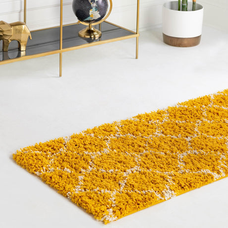 Yellow 2' 7 x 12' Trellis Shag Runner Area Rug Thick Soft Touch Fluffy & Plush Shaggy Pile Geometric Modern Unique Carpet for Home Interior Design for Sale at Rug Engine