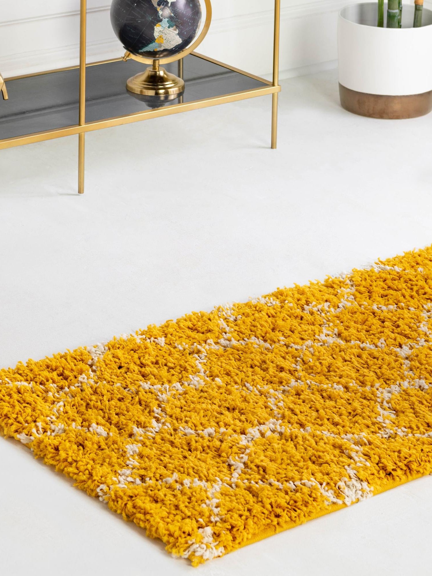 Yellow 3' 3 x 16' 5 Trellis Shag Runner Area Rug Thick Soft Touch Fluffy & Plush Shaggy Pile Geometric Modern Unique Carpet for Home Interior Design for Sale at Rug Engine